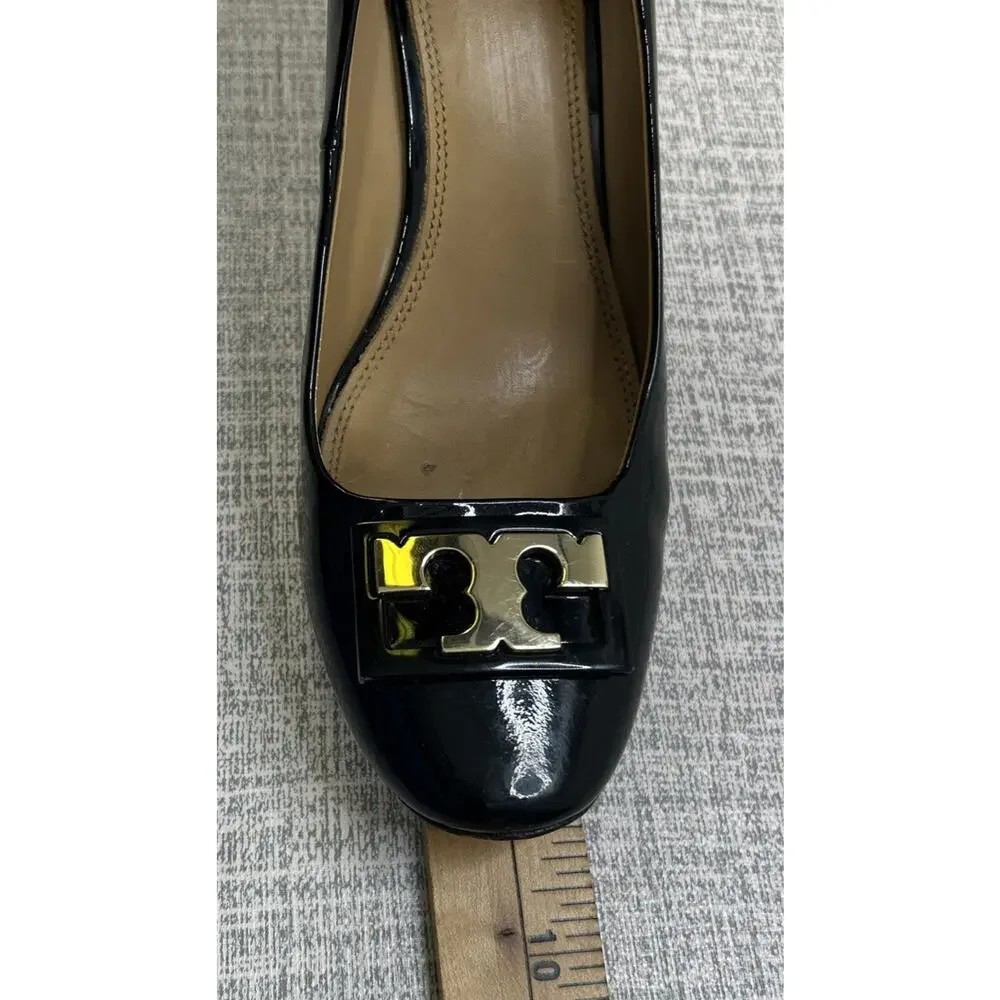 Tory Burch Gigi Black Patent Leather Classic Pumps Wedge Shoe 8.5 Gold T Logo